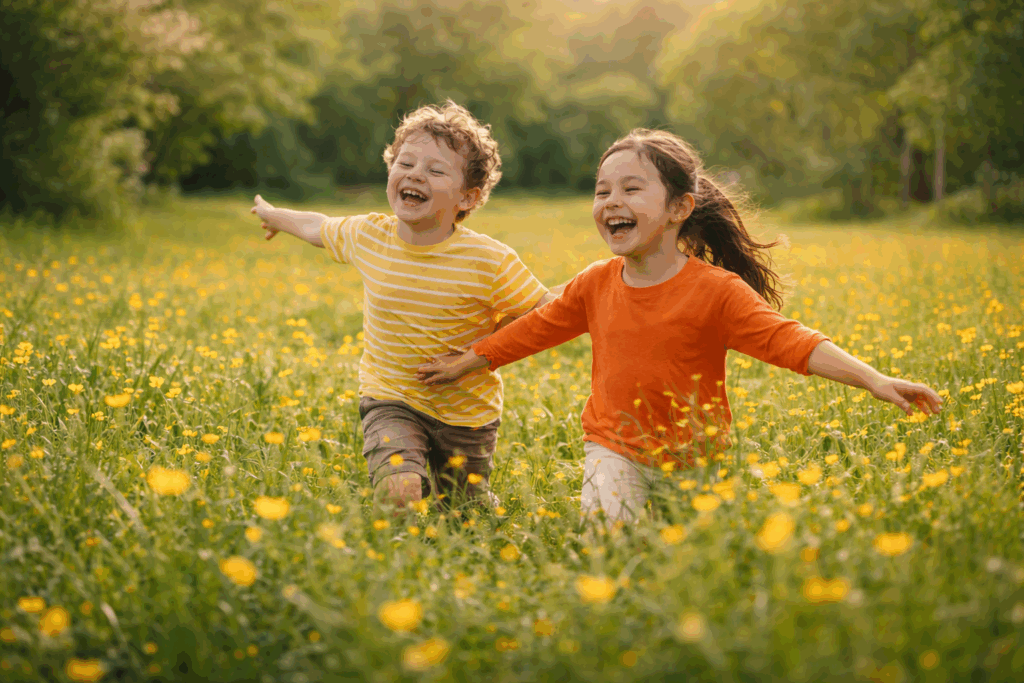 Two children laughing and running on the grass