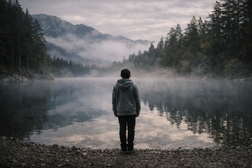 Person standing quietly at the edge of a misty forest lake, reflecting in still water beneath cloudy mountains