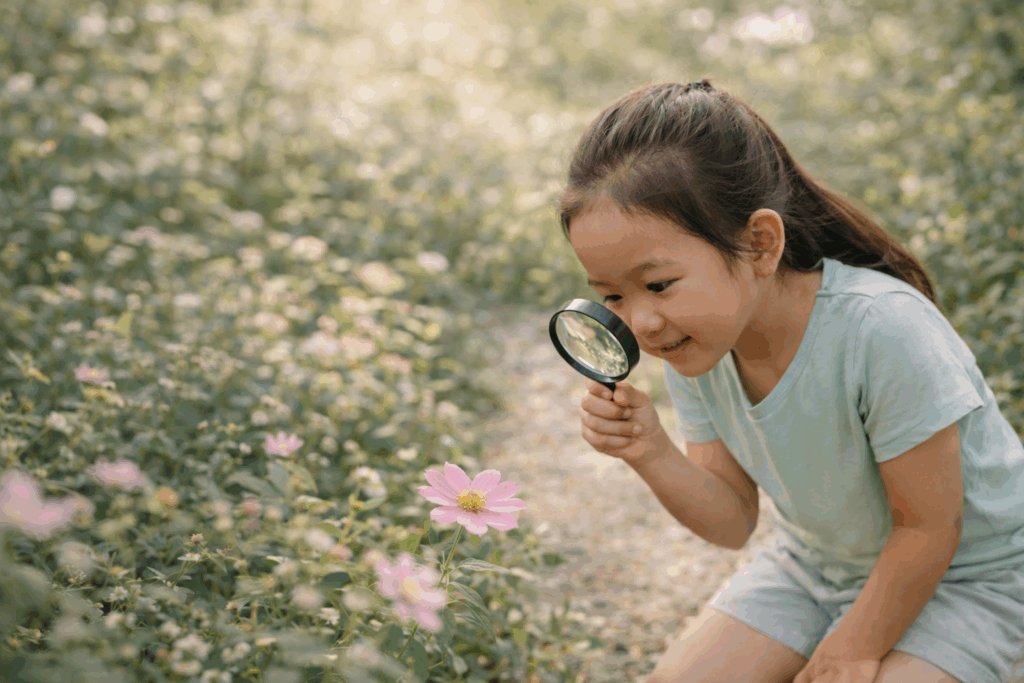 Child using a magnifying glass to closely observe a pink flower in a sunlit garden.