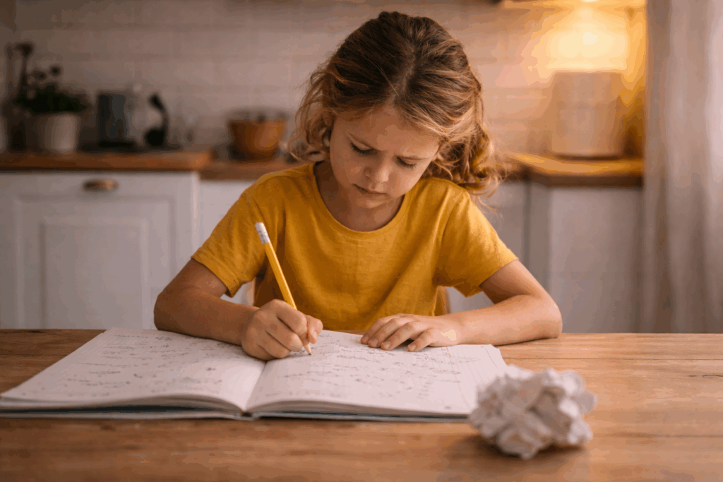 A young child sitting at a table, writing in a notebook with a pencil