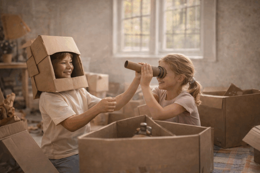 Two young children playing together indoors with cardboard boxes, one wearing a cardboard helmet while the other looks through a cardboard telescope, engaged in imaginative play.