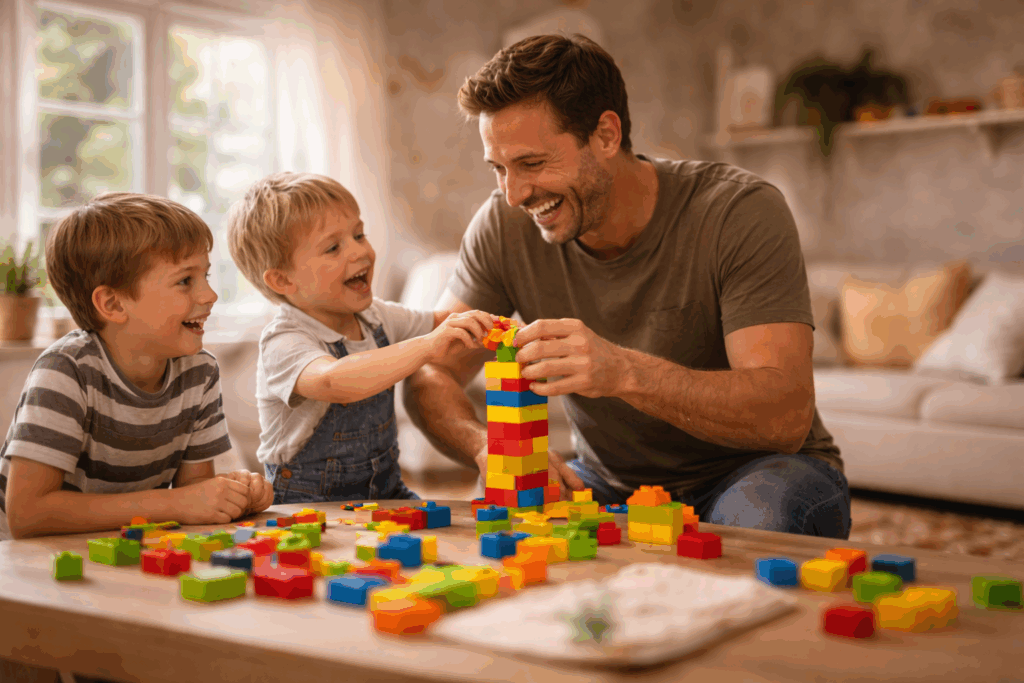Adult and two young children smiling while building colorful blocks together at a table.